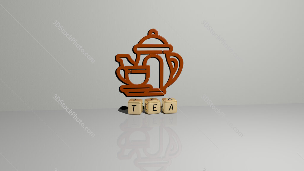 tea text of cubic dice letters on the floor and 3D icon on the wall