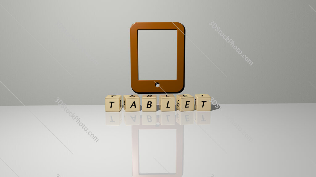 tablet text of cubic dice letters on the floor and 3D icon on the wall