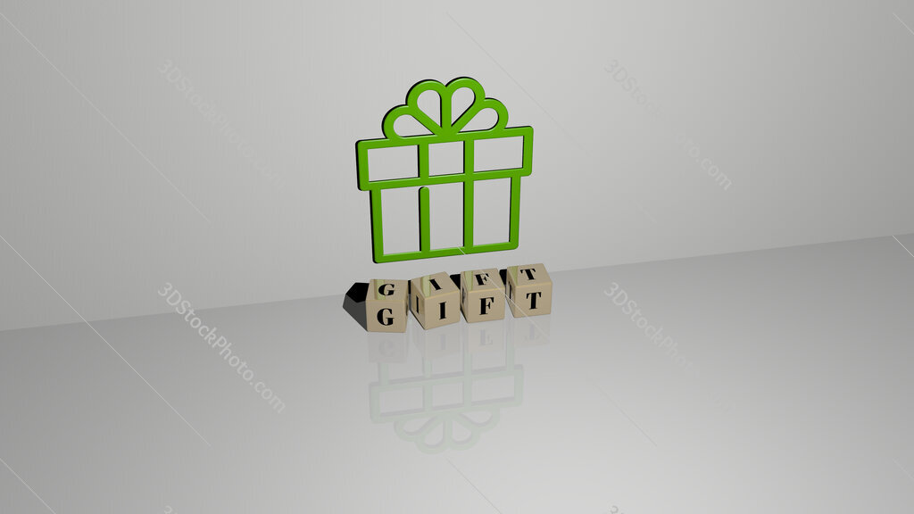 gift text of cubic dice letters on the floor and 3D icon on the wall