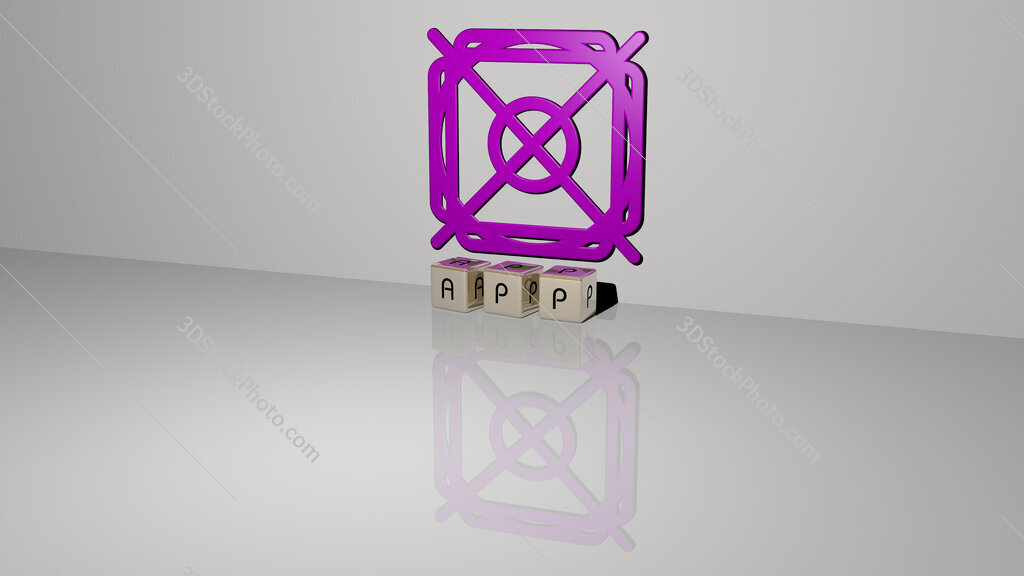 app text of cubic dice letters on the floor and 3D icon on the wall