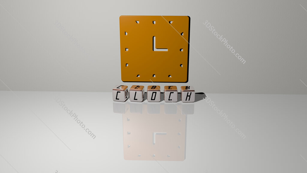 clock text of cubic dice letters on the floor and 3D icon on the wall