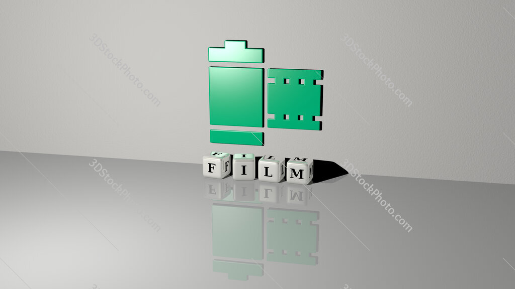 film text of cubic dice letters on the floor and 3D icon on the wall