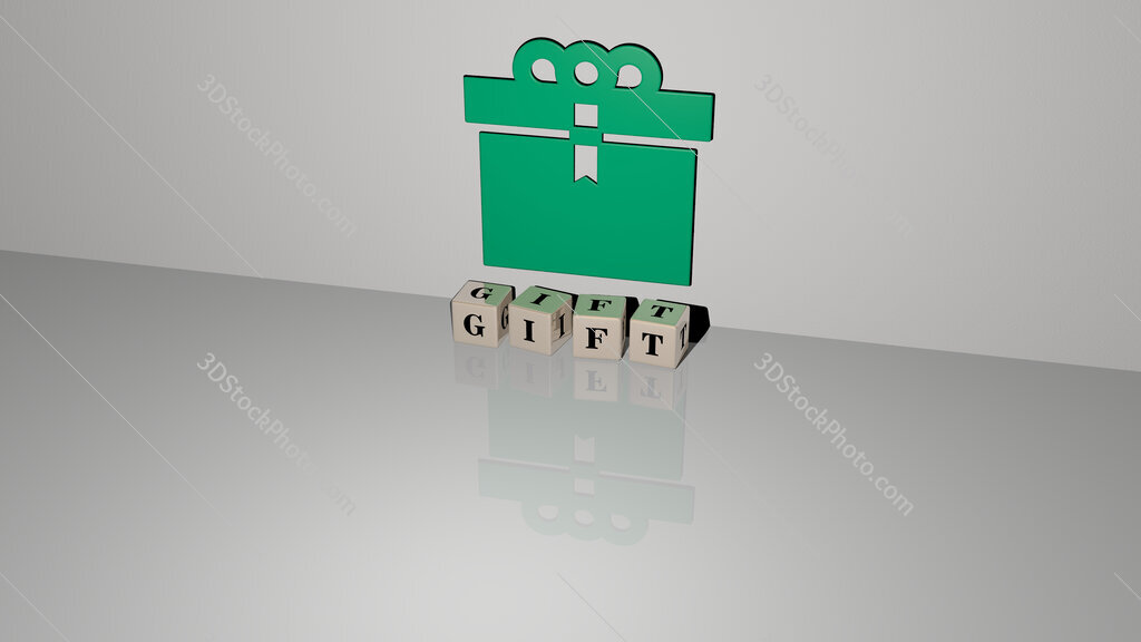 gift text of cubic dice letters on the floor and 3D icon on the wall