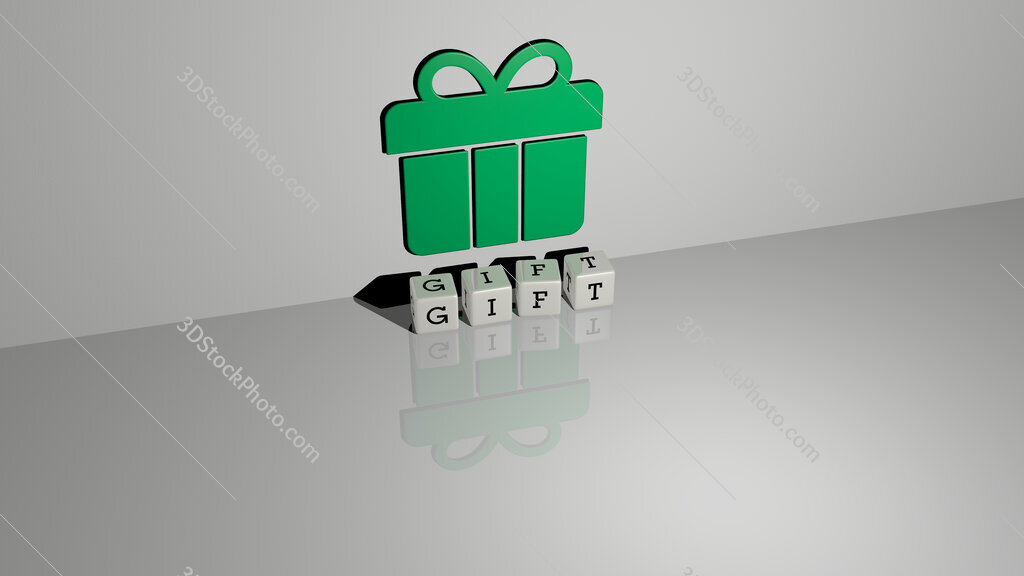 gift text of cubic dice letters on the floor and 3D icon on the wall