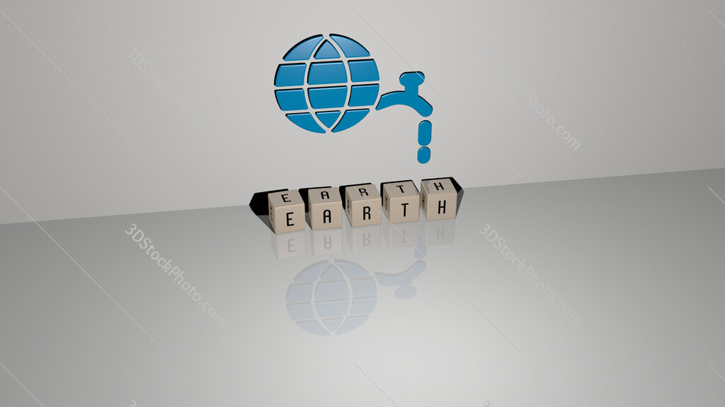 earth text of cubic dice letters on the floor and 3D icon on the wall