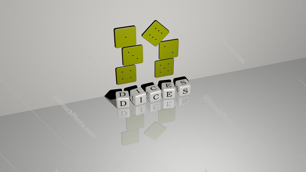 dices text of cubic dice letters on the floor and 3D icon on the wall