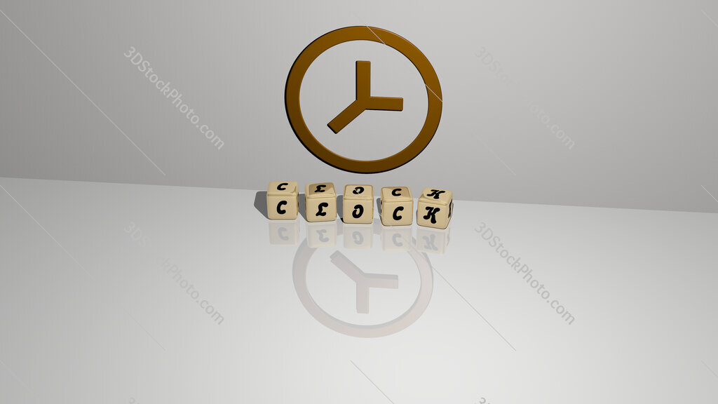clock text of cubic dice letters on the floor and 3D icon on the wall