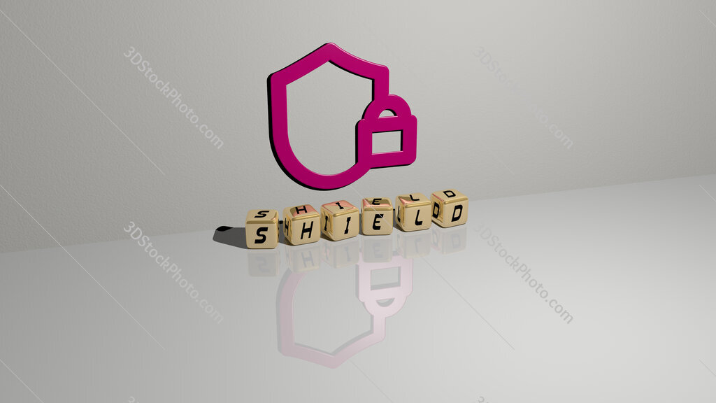 shield text of cubic dice letters on the floor and 3D icon on the wall