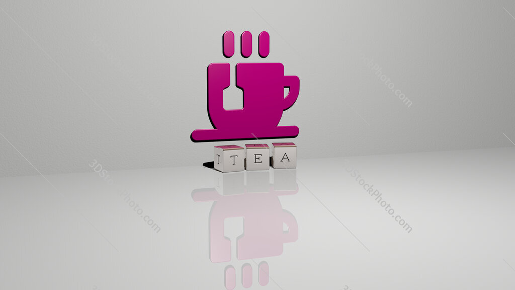 tea text of cubic dice letters on the floor and 3D icon on the wall
