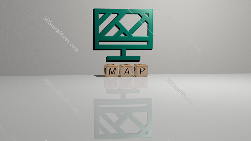 map text of cubic dice letters on the floor and 3D icon on the wall