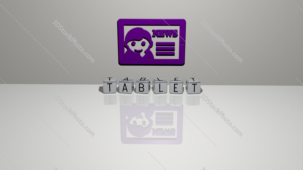 tablet text of cubic dice letters on the floor and 3D icon on the wall