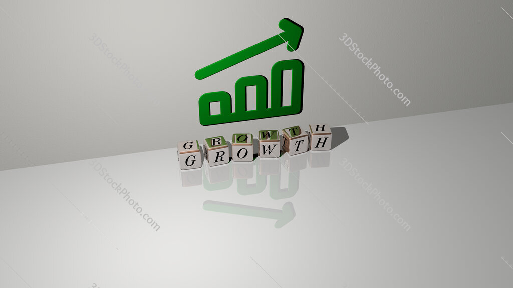 growth text of cubic dice letters on the floor and 3D icon on the wall
