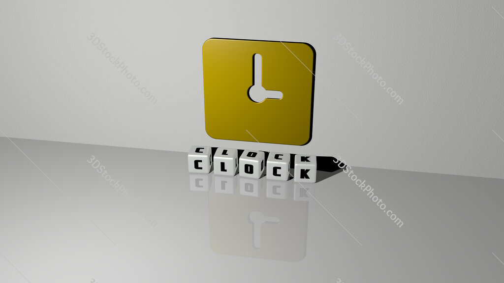 clock text of cubic dice letters on the floor and 3D icon on the wall