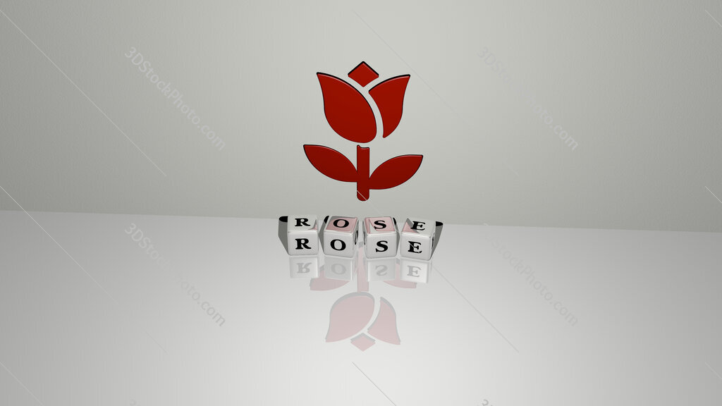 rose text of cubic dice letters on the floor and 3D icon on the wall