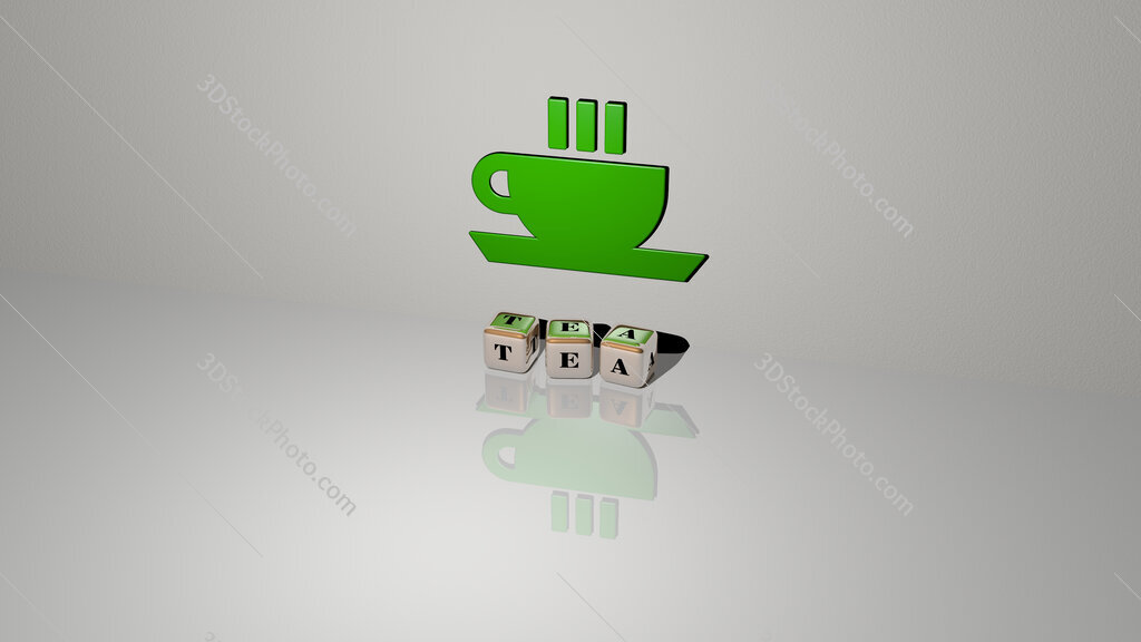 tea text of cubic dice letters on the floor and 3D icon on the wall