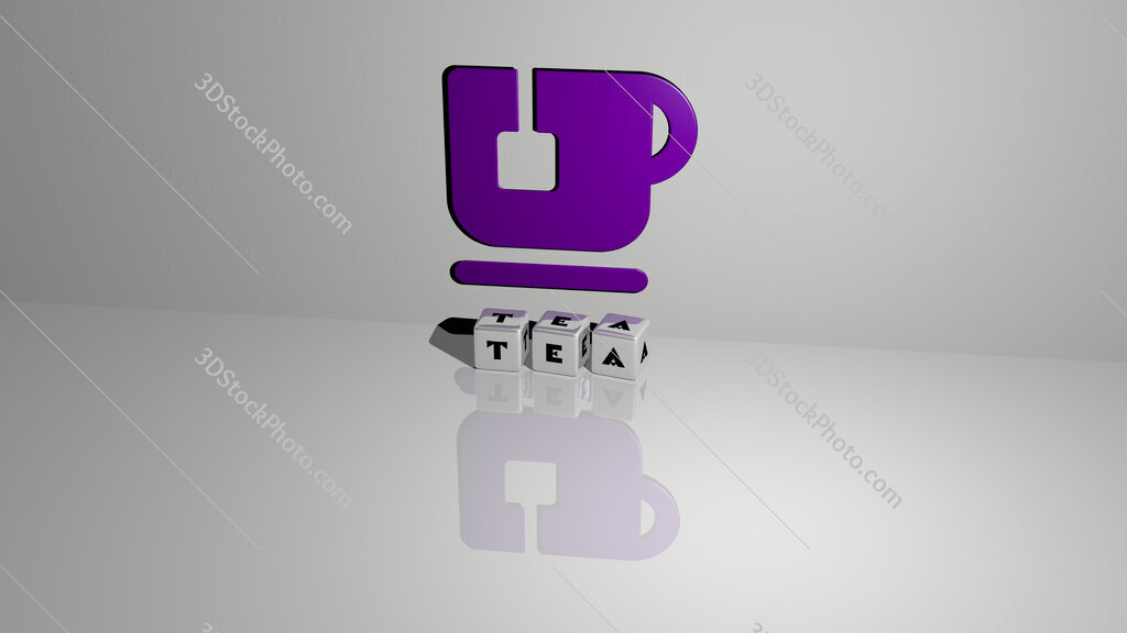 tea text of cubic dice letters on the floor and 3D icon on the wall