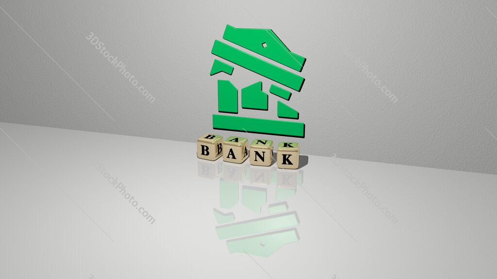 bank text of cubic dice letters on the floor and 3D icon on the wall