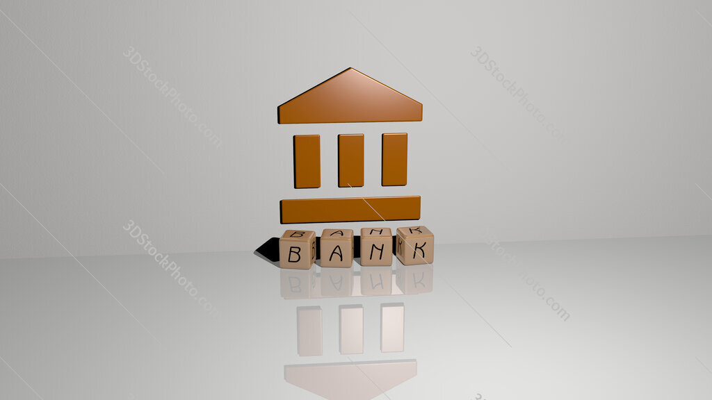 bank text of cubic dice letters on the floor and 3D icon on the wall