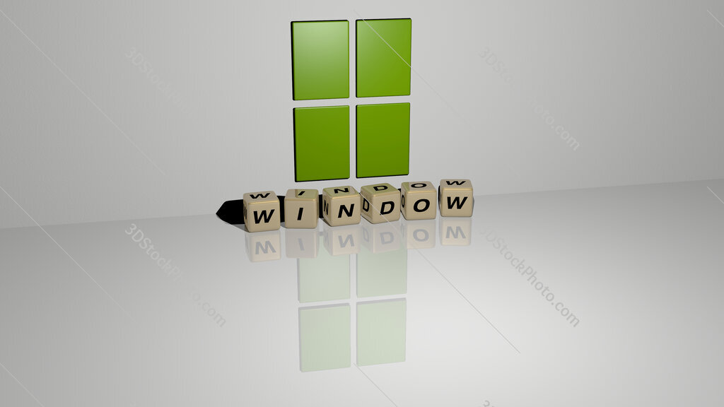 window text of cubic dice letters on the floor and 3D icon on the wall