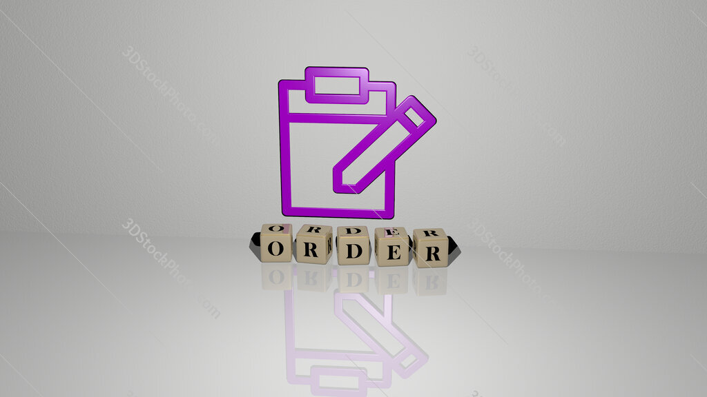 order text of cubic dice letters on the floor and 3D icon on the wall