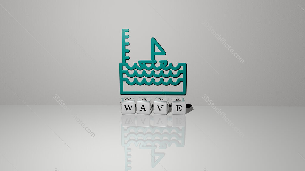 wave text of cubic dice letters on the floor and 3D icon on the wall