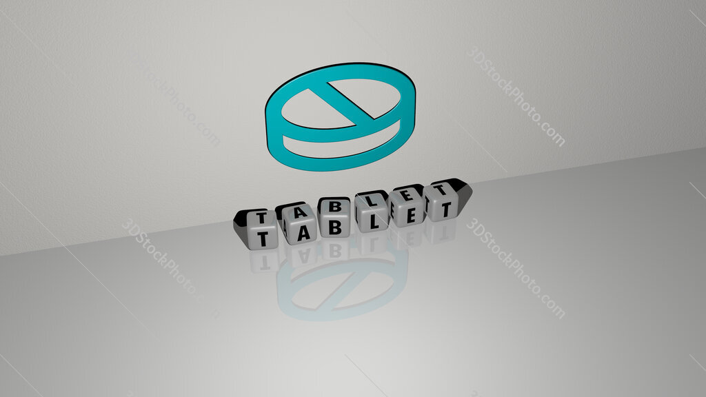 tablet text of cubic dice letters on the floor and 3D icon on the wall