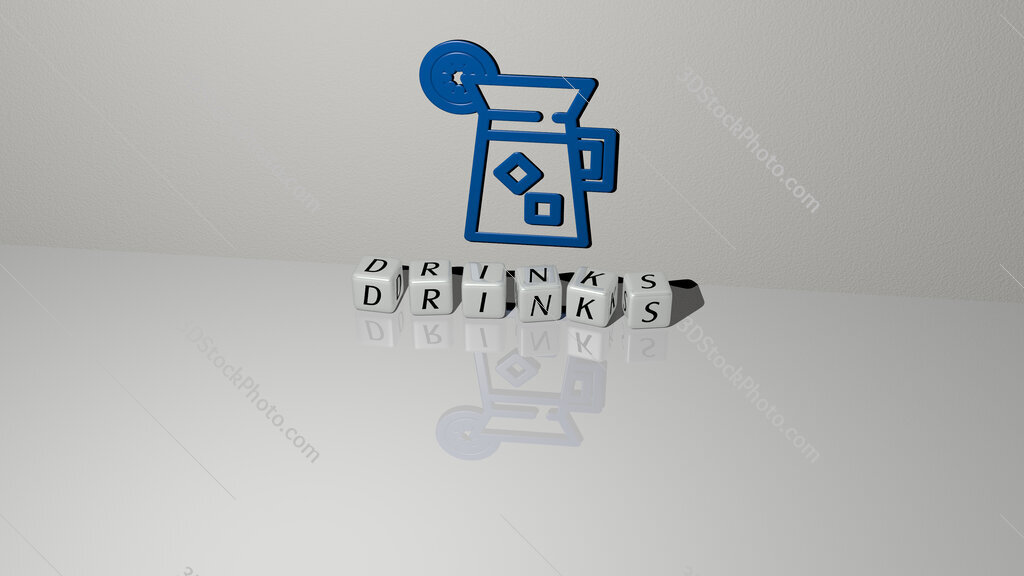 drinks text of cubic dice letters on the floor and 3D icon on the wall