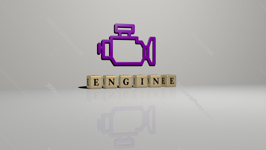 engine text of cubic dice letters on the floor and 3D icon on the wall