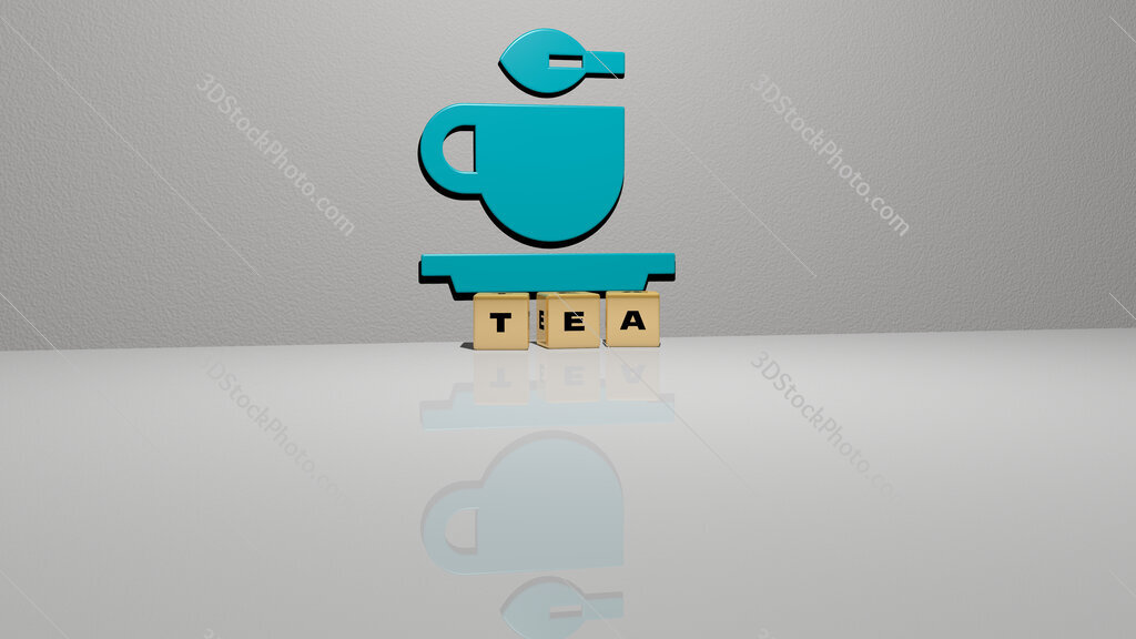 tea text of cubic dice letters on the floor and 3D icon on the wall