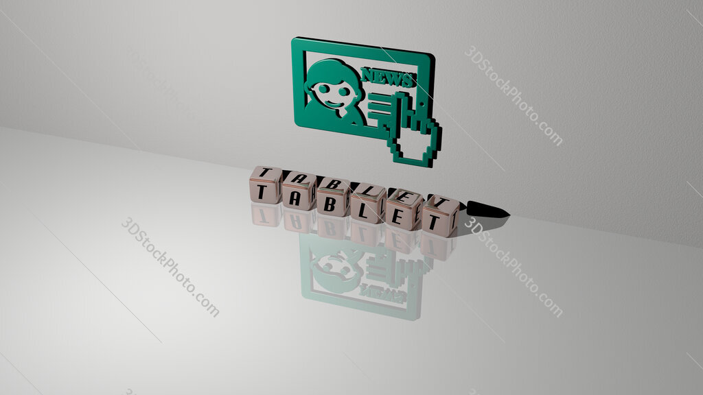tablet text of cubic dice letters on the floor and 3D icon on the wall