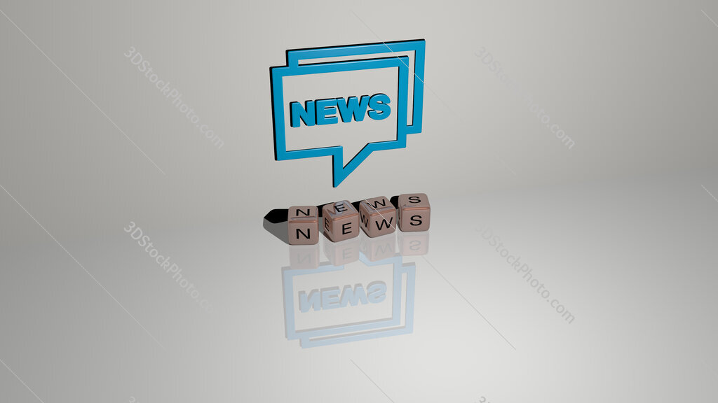 news text of cubic dice letters on the floor and 3D icon on the wall