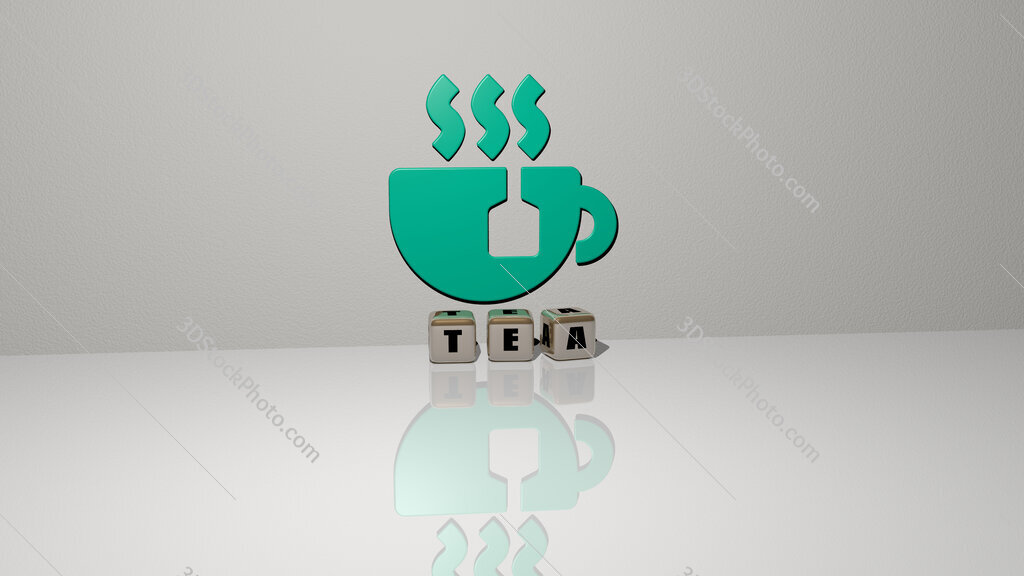 tea text of cubic dice letters on the floor and 3D icon on the wall