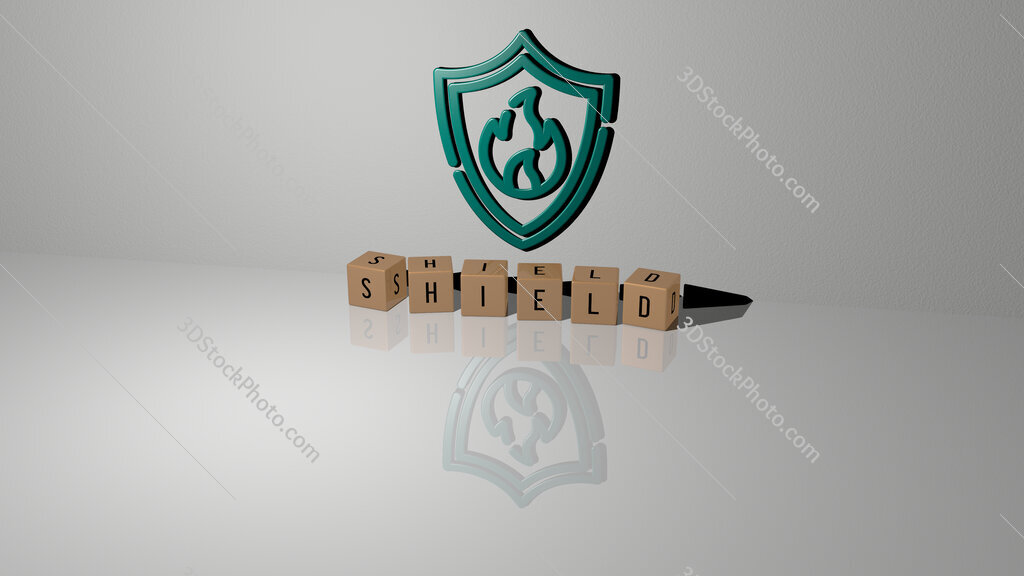 shield text of cubic dice letters on the floor and 3D icon on the wall