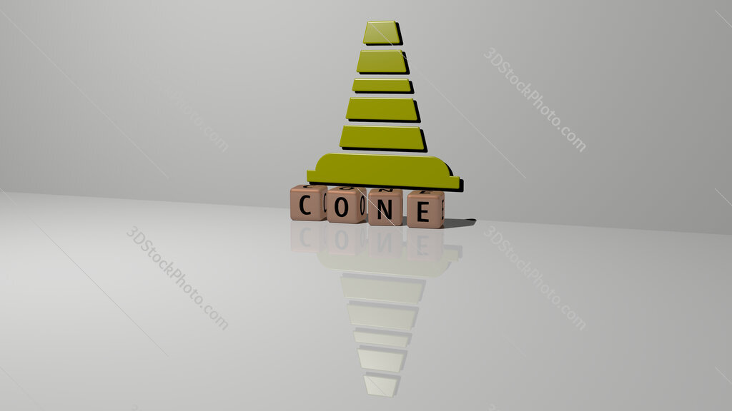 cone text of cubic dice letters on the floor and 3D icon on the wall