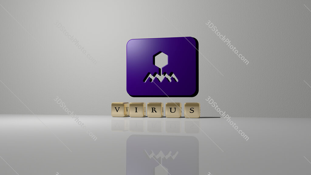 virus text of cubic dice letters on the floor and 3D icon on the wall