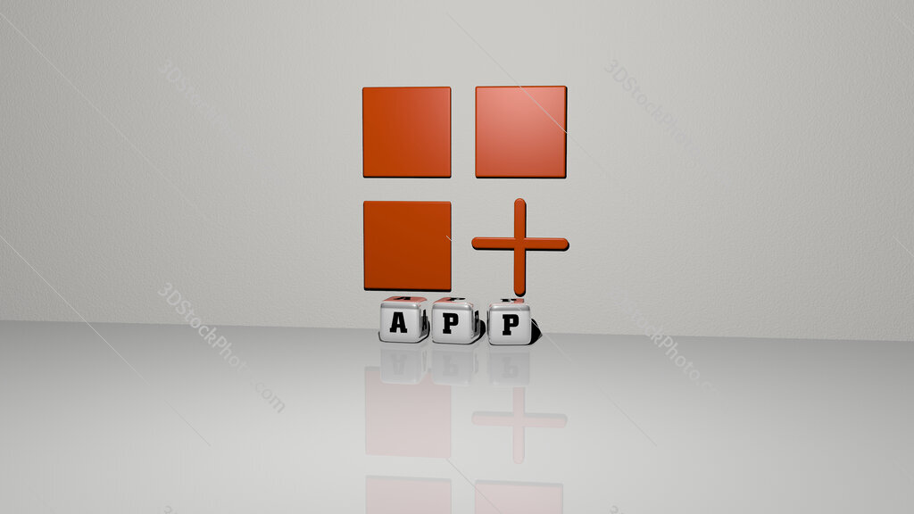 app text of cubic dice letters on the floor and 3D icon on the wall