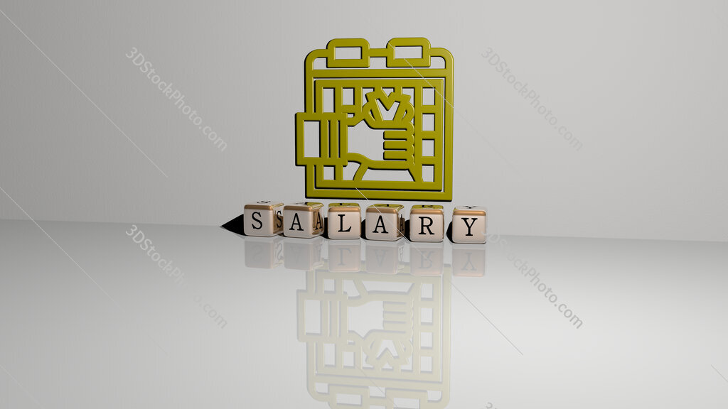 salary text of cubic dice letters on the floor and 3D icon on the wall