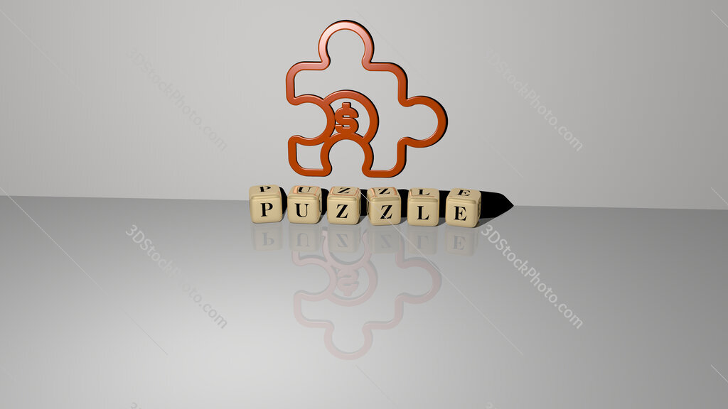 puzzle text of cubic dice letters on the floor and 3D icon on the wall