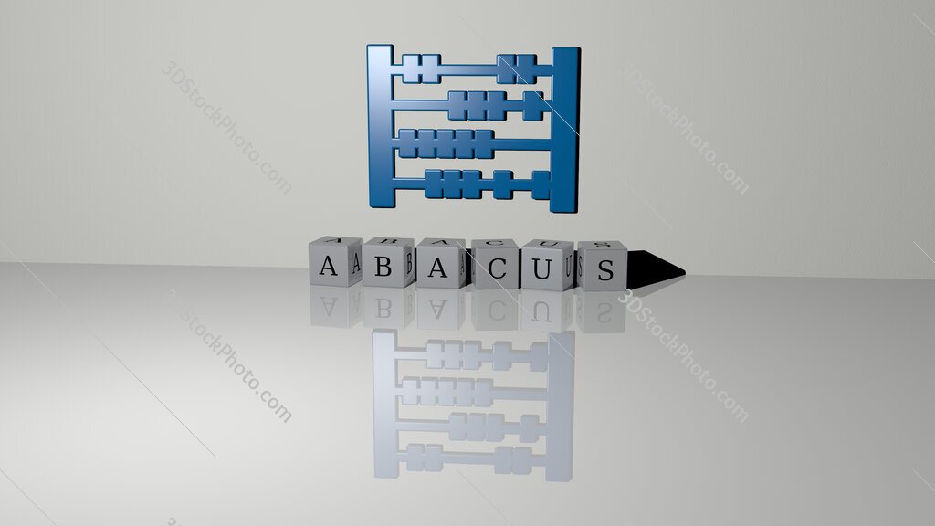 abacus text of cubic dice letters on the floor and 3D icon on the wall
