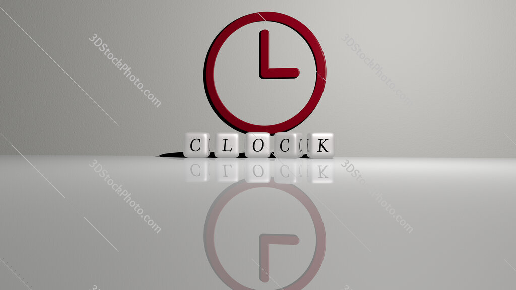 clock text of cubic dice letters on the floor and 3D icon on the wall