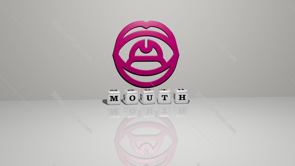mouth text of cubic dice letters on the floor and 3D icon on the wall
