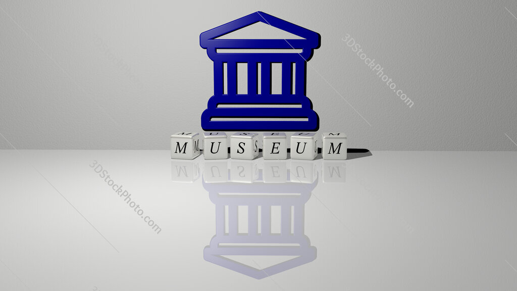 museum text of cubic dice letters on the floor and 3D icon on the wall