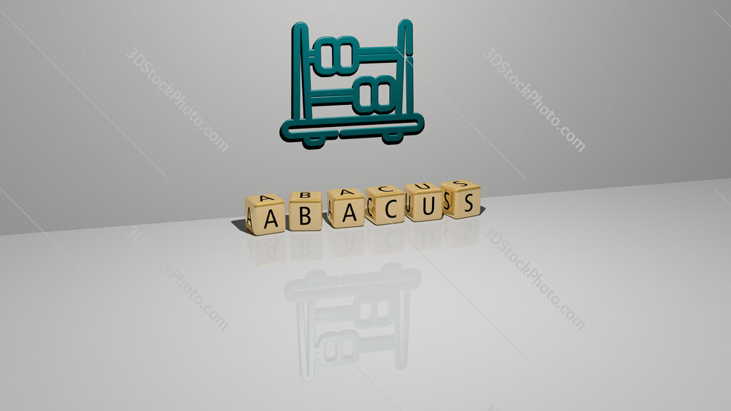 abacus text of cubic dice letters on the floor and 3D icon on the wall