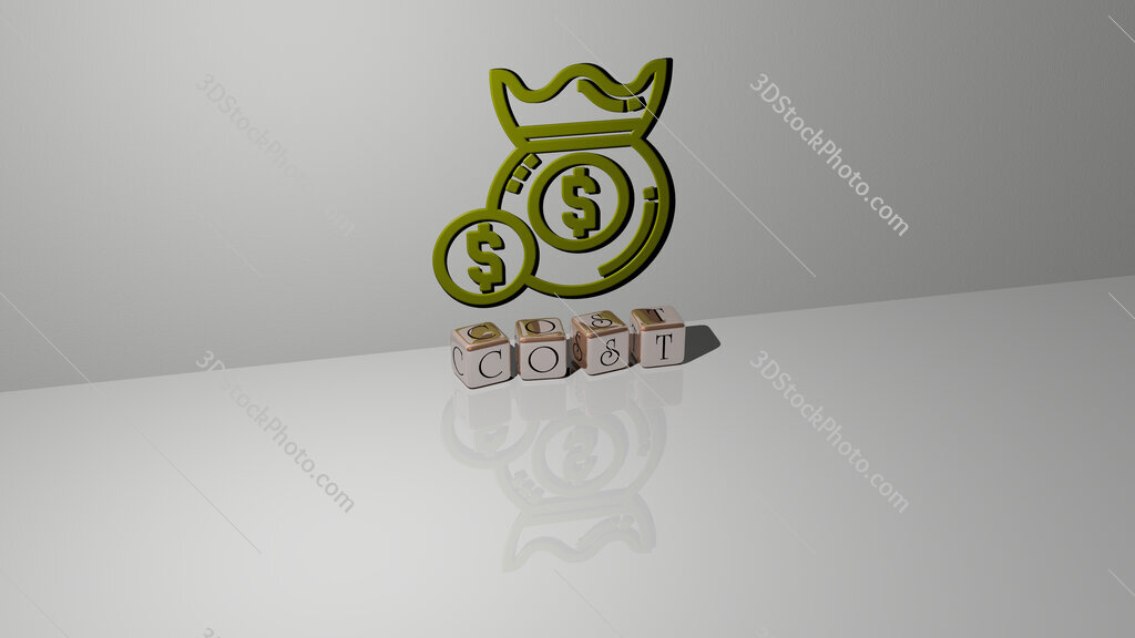 cost text of cubic dice letters on the floor and 3D icon on the wall