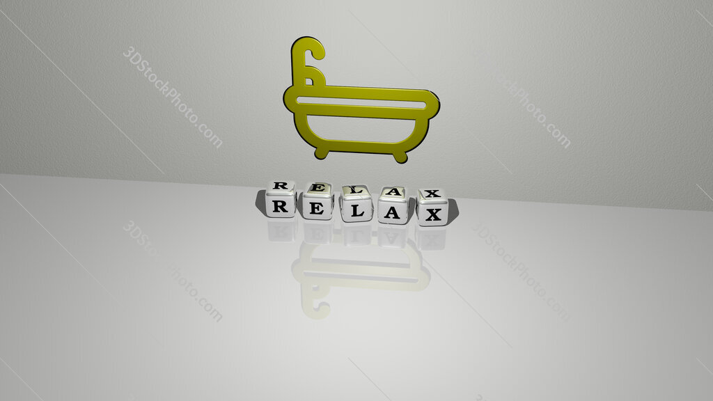 relax text of cubic dice letters on the floor and 3D icon on the wall