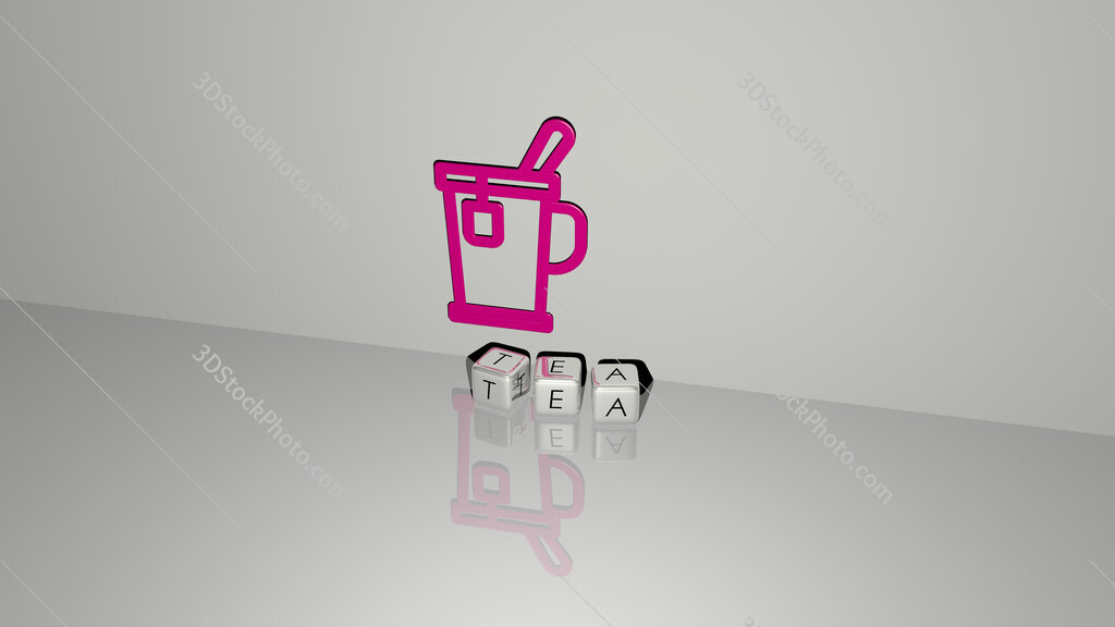 tea text of cubic dice letters on the floor and 3D icon on the wall