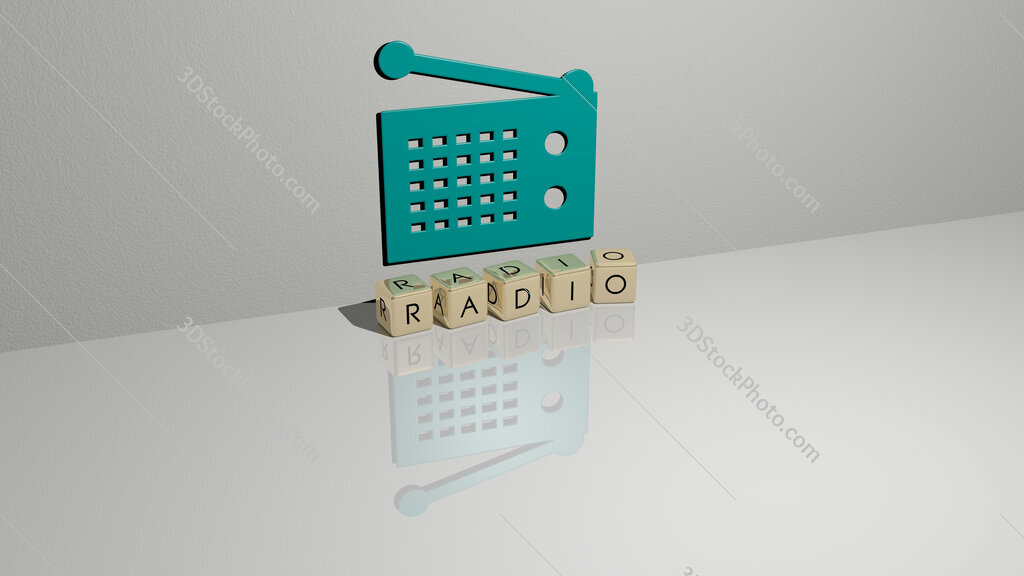 radio text of cubic dice letters on the floor and 3D icon on the wall