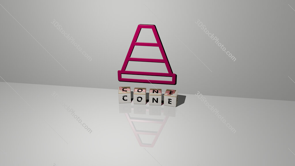 cone text of cubic dice letters on the floor and 3D icon on the wall