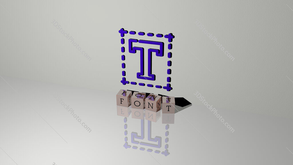 font text of cubic dice letters on the floor and 3D icon on the wall