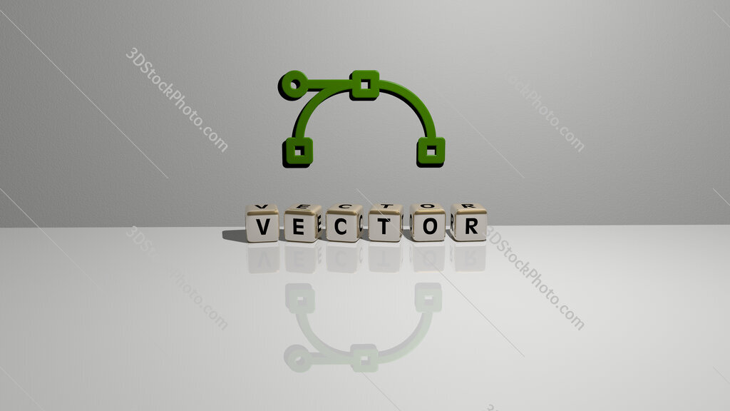 vector text of cubic dice letters on the floor and 3D icon on the wall